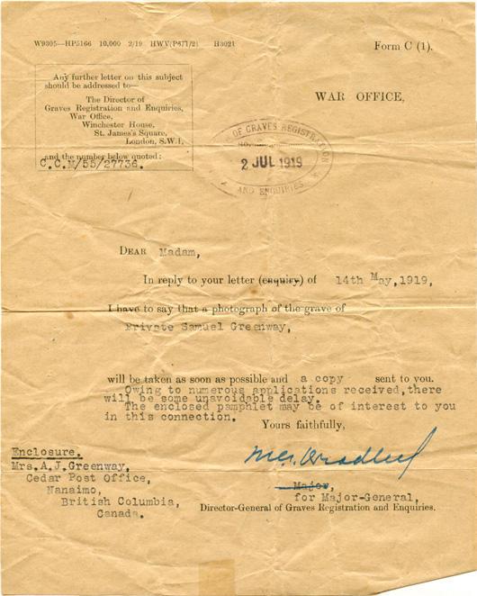 Letter in response to request for photo of Samuel Greenway's grave.