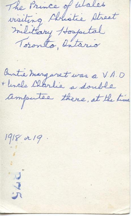 Back of photo featuring Prince of Wales at a military hospital