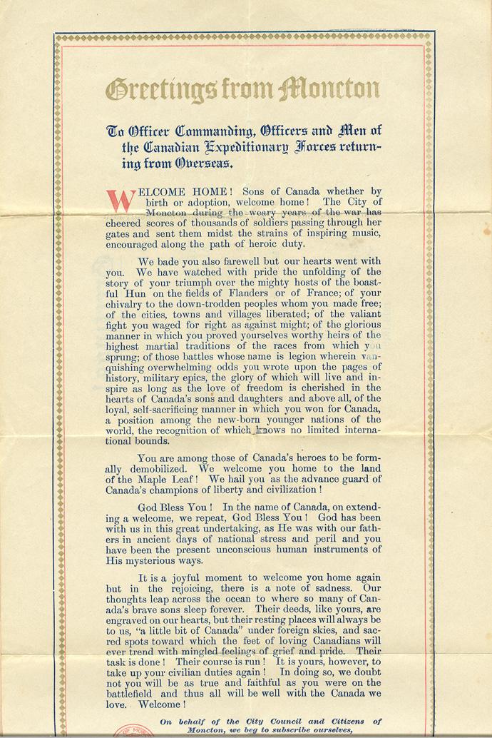 Inside Greetings from Moncton pamphlet.1919.