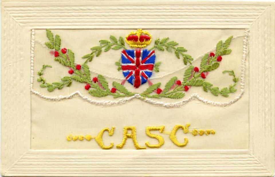 silk postcard 1916 captioned “CASC” (Canadian Army Service Corps); front