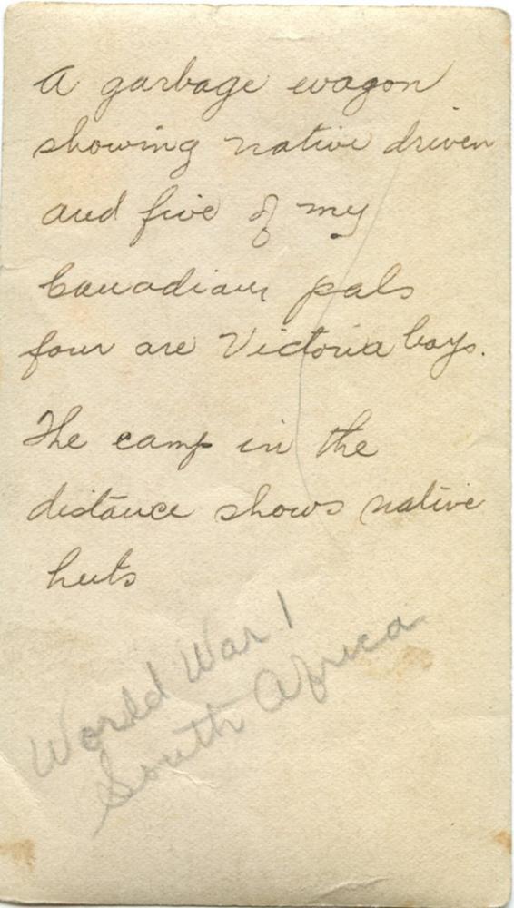 Back view, Pte. Harold Dean and fellow soldiers with garbage wagon in Africa, B.E.F., WWI 