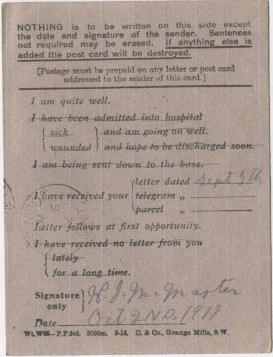 Howard McMaster. October 2, 1918