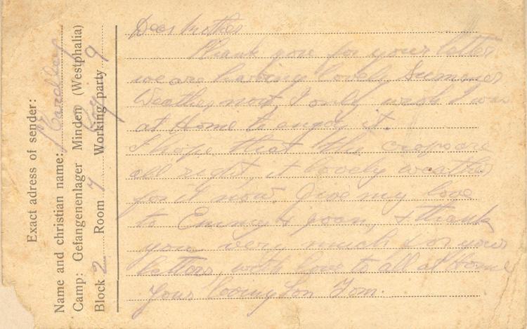 Dear mother
Thank you for your letter we are having lovely Summer Weather now, I only wish I was at Home to enjoy it.
I hope that the crops are all right, it lovely weather for it now. Give my love to Emmy & Joan, & thank you very much for your letters, with love to all at Home your loving Son Tom.